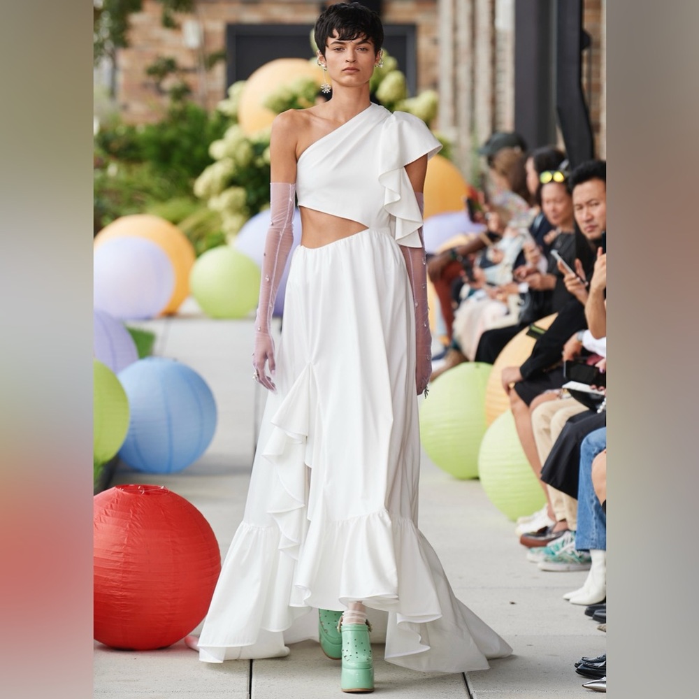 ADEAM Japan Intermix “Odori” white ruffle cut out one shoulder gown dress 6